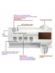 1入組白色智能牙刷消毒器，免打孔牙刷架，自動擠牙膏裝置，縫紉浴室套裝 - 黑色 - 查看 9