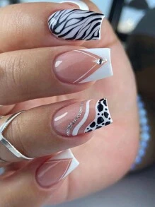 24入組短方形時尚法式美甲風格指甲貼,白邊,斑馬紋,鑽石,和閃亮適用於美甲、派對、日常使用 - 彩色 - 查看 1