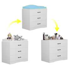 Small Modern Wood Nursery Storage Dresser Chest with Wide Table Top & 3 Drawers, Wide Storage Space Functional Organizer