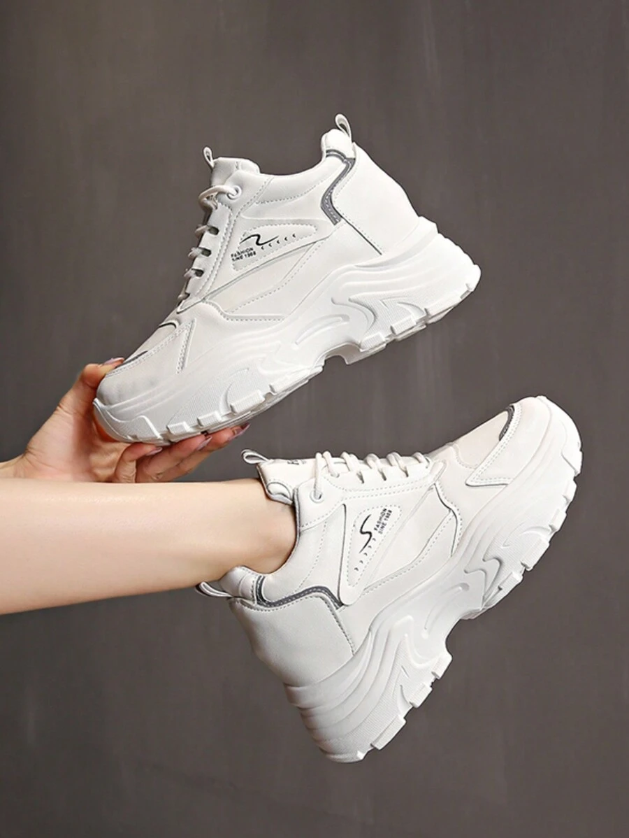 女士厚底高幫運動鞋,pu皮革爸爸鞋 - 白色 - 查看 1