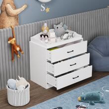 Small Modern Wood Nursery Storage Dresser Chest with Wide Table Top & 3 Drawers, Wide Storage Space Functional Organizer