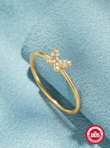 1入組銀戒指 925 蝴蝶簇狀立方氧化鋯金戒指女式婚禮訂婚派對高級珠寶戒指禮物