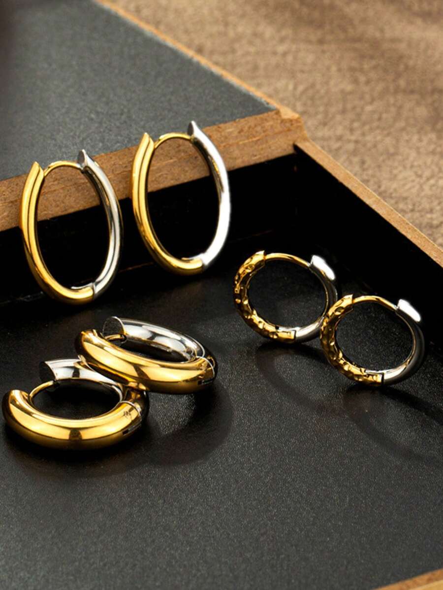 3對/組時尚金銀色組合長橢圓形耳環 - 彩色 - 查看 1