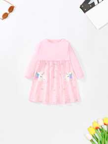 Young Girls' Unicorn Embroidery Long Sleeve Casual Dress For Outings
