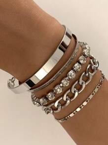 5Pcs/Set Bohemian Gold Bracelets for Women Boho Jewelry Diamond Chain Layered Hand Chain Charm Bracelet - Silver - View 1
