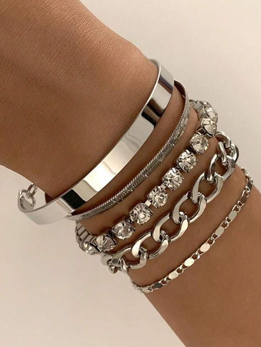 5Pcs/Set Bohemian Gold Bracelets for Women Boho Jewelry Diamond Chain Layered Hand Chain Charm Bracelet - Silver - View 1