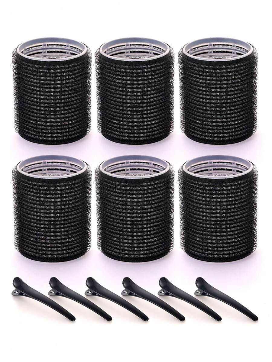 巨型卷发器滚筒 12 件/套自握滚筒套件，含 6 个滚筒和 6 个夹子，沙龙品质卷发器，适用于 DIY 发型设计，无热滚筒 2.08 英寸，卷发器，无热卷发，卷发器，理发沙龙美发产品及配件，美容旅行必需品 - 黑色 - 查看 1