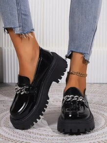 Mocasines de mujeres con tacón grueso cómodo punta redonda trabajar PU, otoño - Negro - Ver 4