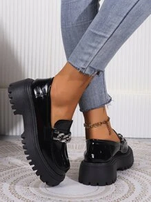 Mocasines de mujeres con tacón grueso cómodo punta redonda trabajar PU, otoño - Negro - Ver 5