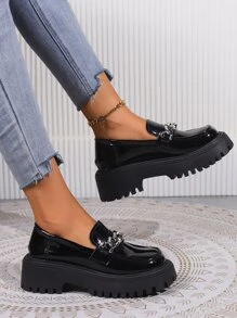 Mocasines de mujeres con tacón grueso cómodo punta redonda trabajar PU, otoño - Negro - Ver 3