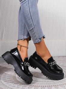 Mocasines de mujeres con tacón grueso cómodo punta redonda trabajar PU, otoño - Negro - Ver 2