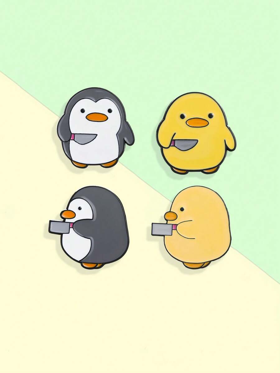 4pcs Cutie Killer Enamel Pins Chick Little Penguin Dagger Knife