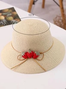 1套女童草莓印花公主防曬帽,附帶防曬袋,適用於戶外/沙灘活動,可愛且適合日常穿著 - 米色 - 查看 3