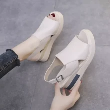 Platform Sandals Shoes Black Soft Leather Lady Wedge Fashion - 白色 - 查看 9