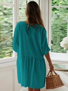 V領前紐扣鬆動罩衫洋裝帶斜口袋 - 綠色 - 查看 5