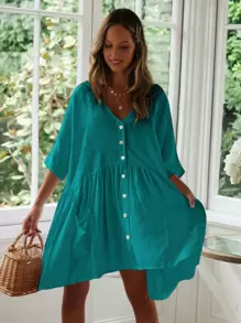 V領前紐扣鬆動罩衫洋裝帶斜口袋 - 綠色 - 查看 1