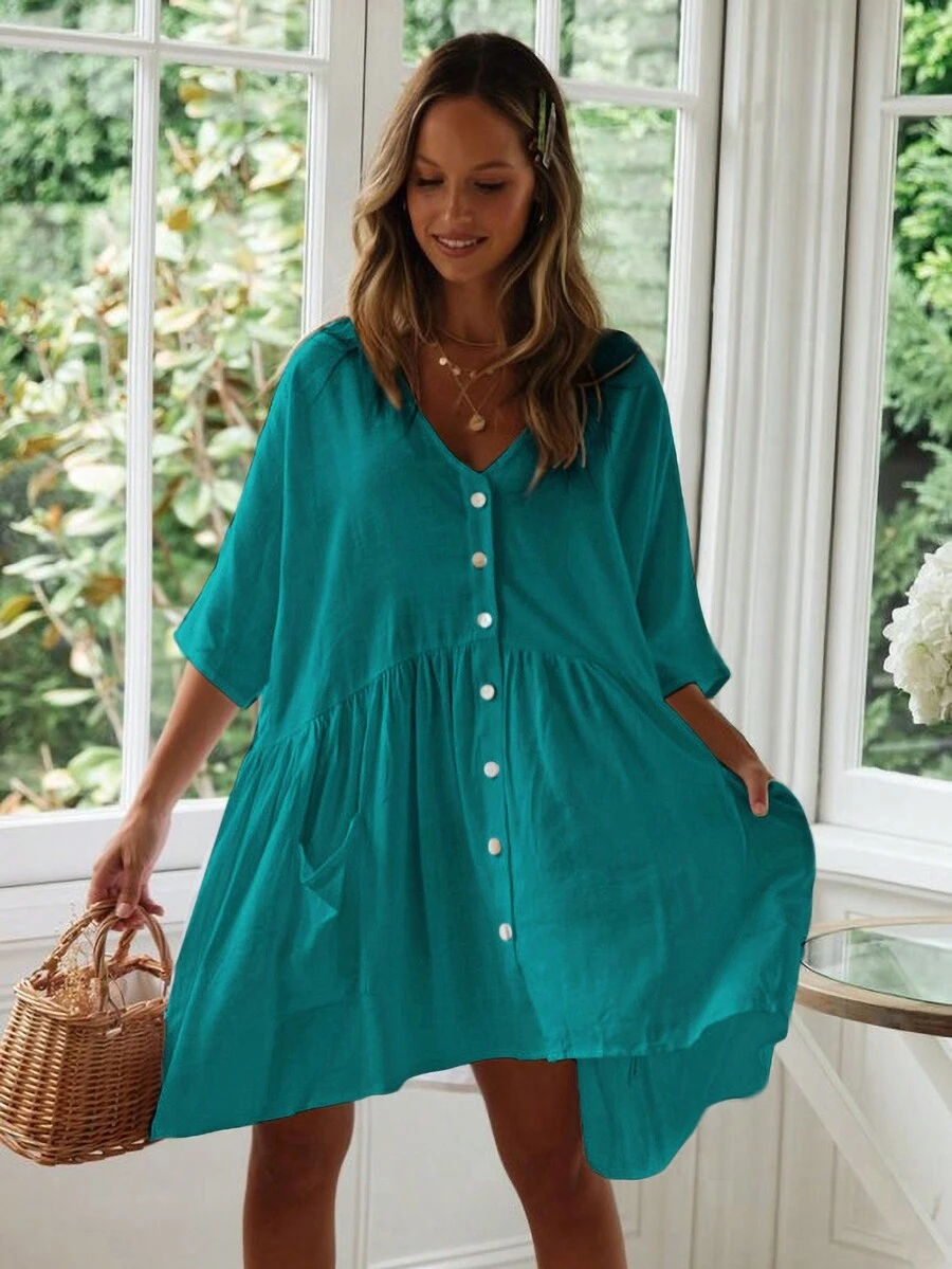 V領前紐扣鬆動罩衫洋裝帶斜口袋 - 綠色 - 查看 1