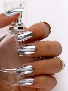 VV MEI JIA ER Elevate Your Style With 24pcs Long Square Silver Metal Mirror Effect Effect Fake Nail & 1pc Nail File & 1sheet Nail Tape Press On Nails Nail Supplies - Silver - View 3