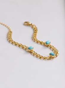 1 Miếng Đơn giản Châu Âu và Châu Mỹ Phong cách Sắc điệu-Vàng Thép không gỉ Hình bầu dục Xanh Màu ngọc lam Trang trí Vòng tay Đối với phụ nữ - Màu xanh lam - Xem 3