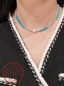 1入組復古&豪華&優雅&時尚綠松石色&珍珠&銀碎片項鍊合適的適用於女性日常穿著 - 綠色 - 查看 1