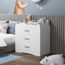Small Modern Wood Nursery Storage Dresser Chest with Wide Table Top & 3 Drawers, Wide Storage Space Functional Organizer