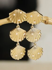 1 Pair European And American Style Metal Alloy Faux Pearl Shell Dangle Earrings, Suitable For Women's Daily Wear, Party, Travel - Gold - View 3