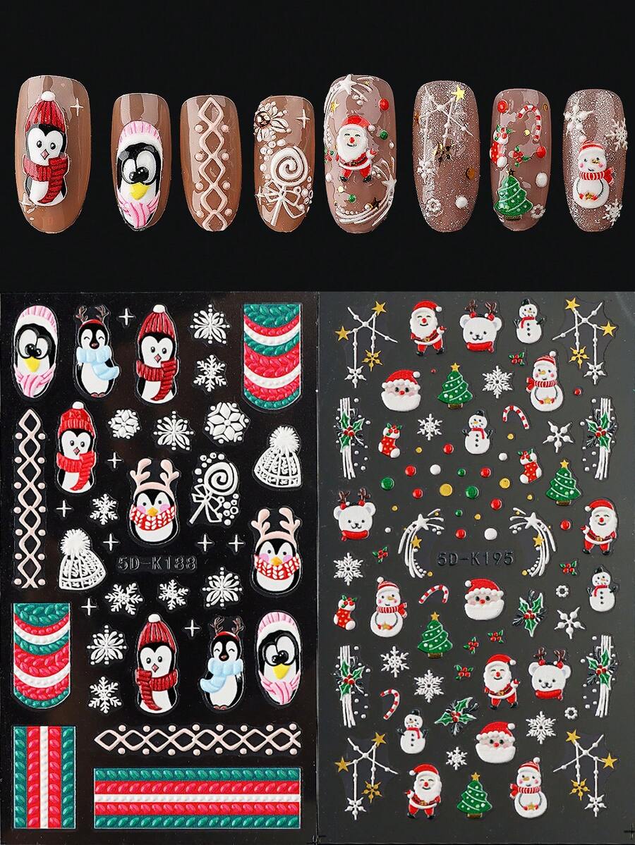 2入組聖誕色彩指甲藝術貼紙5d壓花指甲貼紙,秋冬聖誕老人、聖誕樹、雪人、雪花、麋鹿、企鵝、愛diy指彈藝術設計自粘式指甲用品指甲貼紙指甲藝術裝飾,適用於女性 - 彩色 - 查看 1