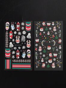 2入組聖誕色彩指甲藝術貼紙5d壓花指甲貼紙,秋冬聖誕老人、聖誕樹、雪人、雪花、麋鹿、企鵝、愛diy指彈藝術設計自粘式指甲用品指甲貼紙指甲藝術裝飾,適用於女性 - 彩色 - 查看 2
