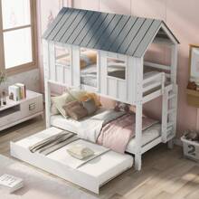 Nestfair Gray/White Twin Over Twin House Bunk Bed With Trundle And Roof