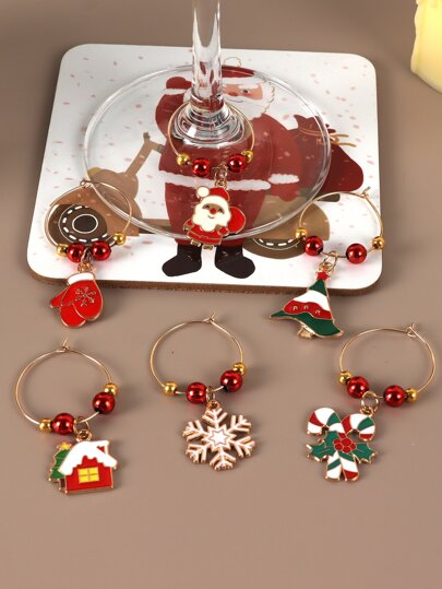 6pcs Christmas Theme Zinc Alloy Candy Cane Wine Glass Charms & Cartoon Christmas Tree Earrings Set For Festive Kitchen, Bar, Hotel, Family Gathering Decoration And Party Favor,Christmas Gifts,Merry Christmas