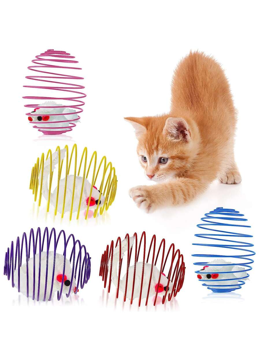 1只隨機顏色貓玩具彈簧設計籠子,外觀可愛的老鼠形狀,非常適合貓咪玩耍