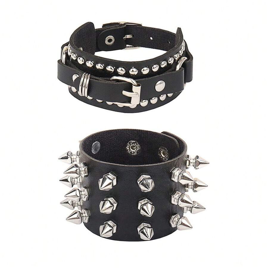 2Pcs/Set Punk Spikes Rivet PU Leather Goth Black Bracelet Wristband ...