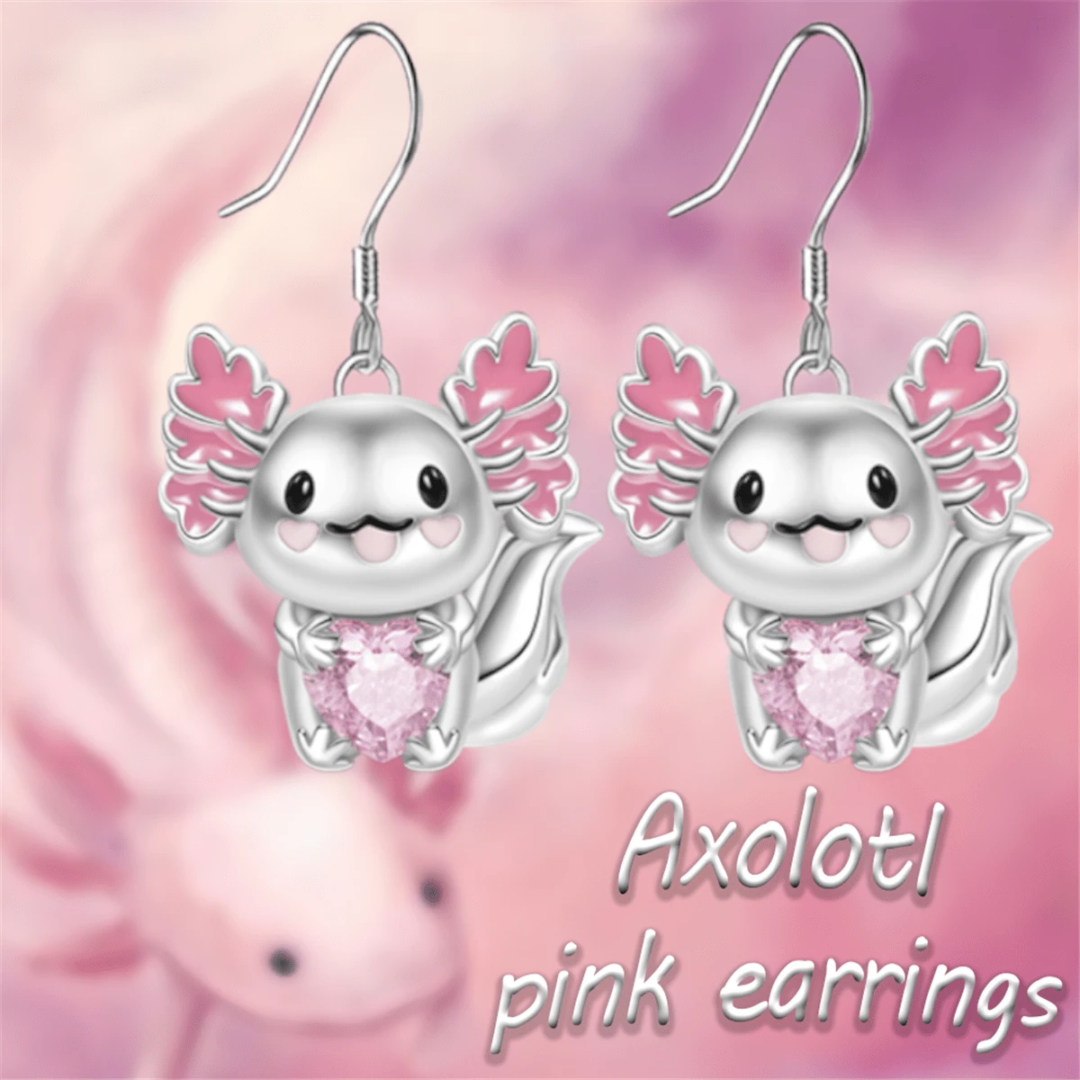 1pair Lovely Cartoon Axolotl Shaped Heart & Pink Crystal Decor Pendant Earrings, Fashionable Women's Jewelry Birthday & Festival Gift Valentines,Mom,Mother,Mother's Day,Gift