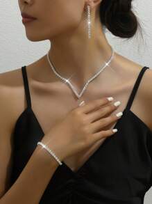 1set Fashionable & Shiny & Luxurious Party Rhinestone Necklace, Earrings, Bracelet Jewelry Set - Silver - View 4