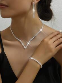 1set Fashionable & Shiny & Luxurious Party Rhinestone Necklace, Earrings, Bracelet Jewelry Set - Silver - View 2