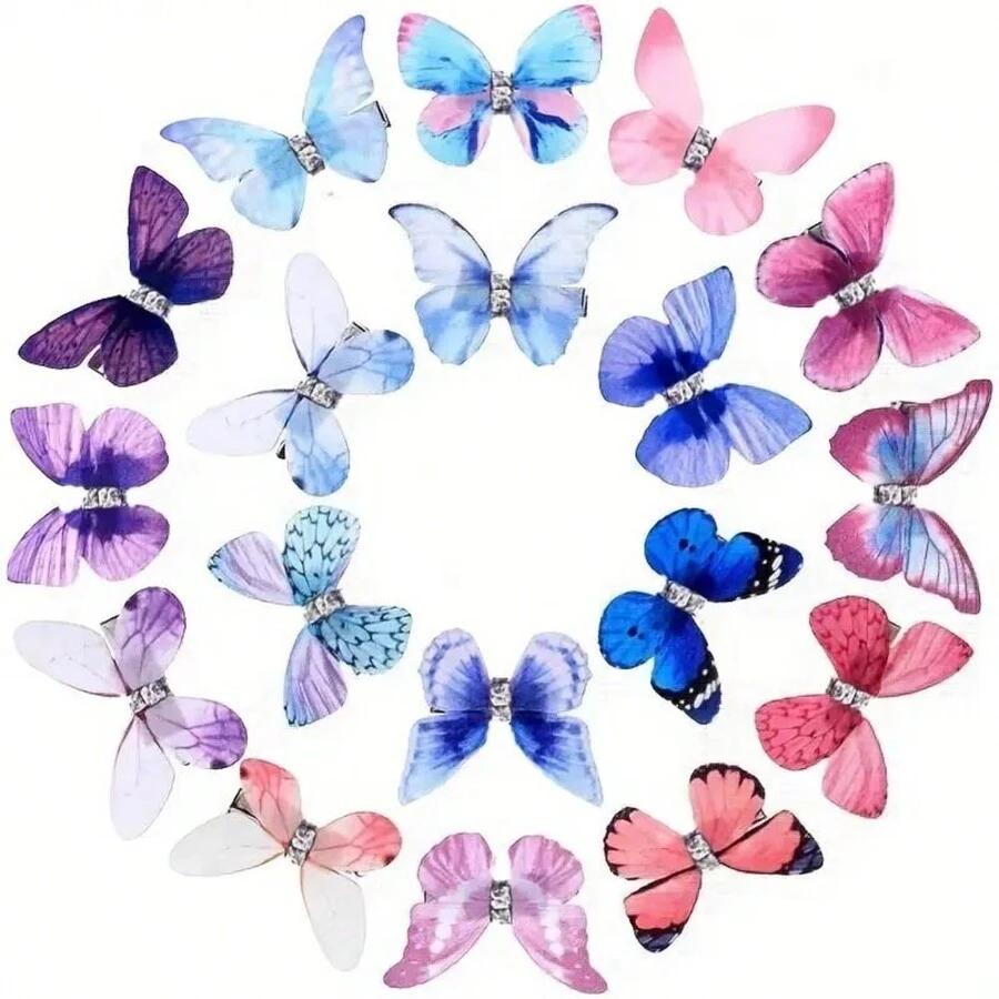 12pcs Double Layer Diamond Butterfly Hair Clips With Thin Veil - Multicolor - View 1