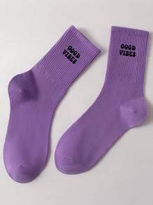 1 雙女字母雙條紋印花中筒襪,適合休閒穿著 - 彩色 - 查看 3