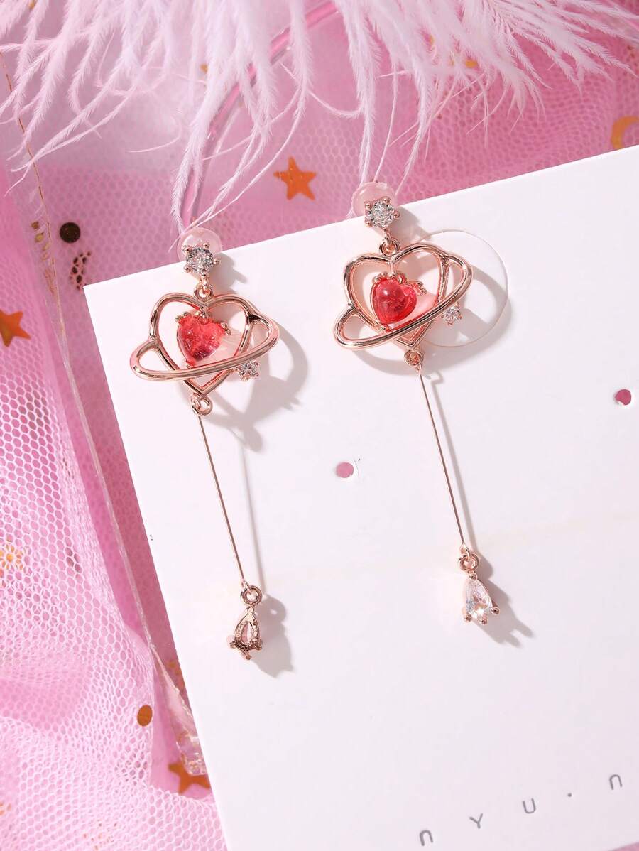 方晶锆石装饰心形吊坠耳环 情人节、妈妈、母亲、母亲节、礼物 - 彩色 - 查看 1