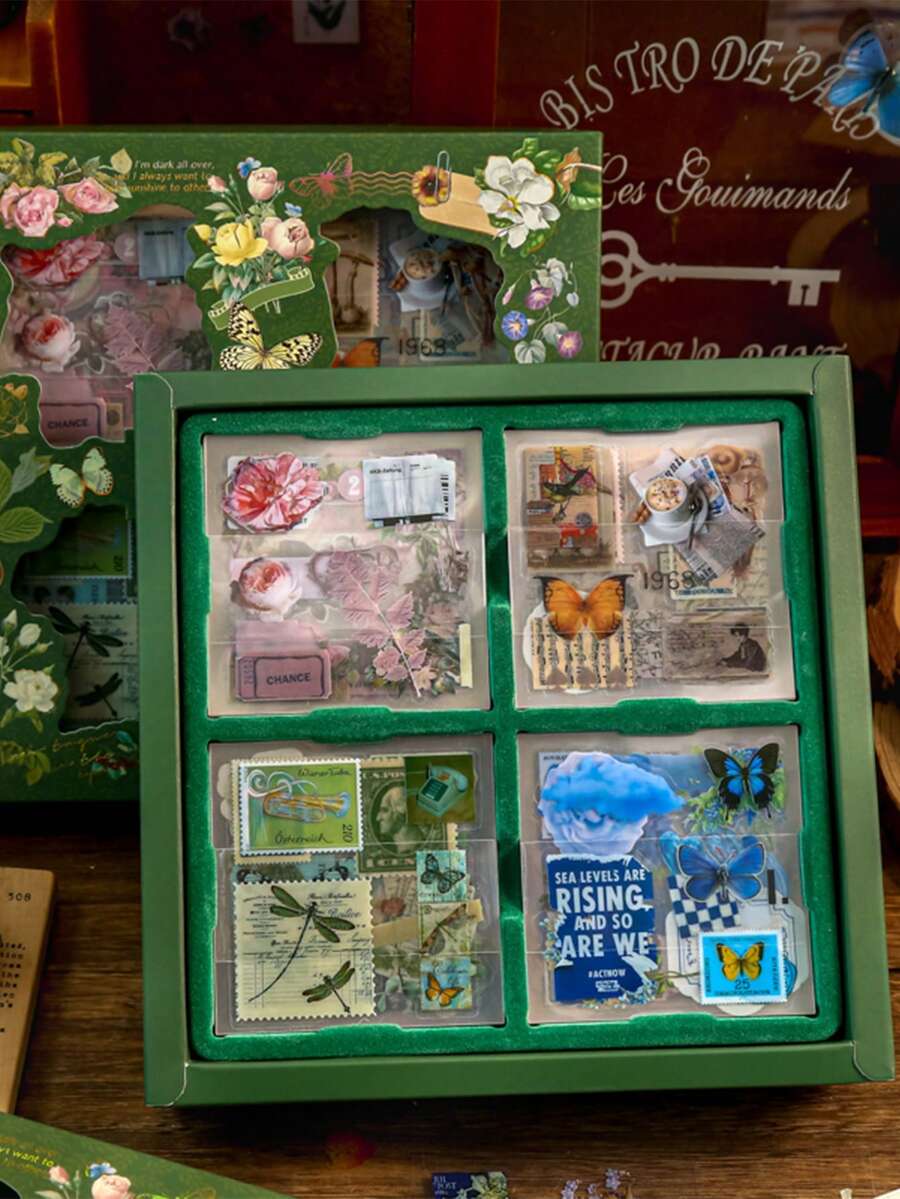 100張/組復古花卉風格貼紙套裝,可愛花卉植物蘑菇蝴蝶pet透明自黏剪貼簿貼紙,適用於手帳、筆記本電腦、手機殼、禮品標籤、相冊等 - 彩色 - 查看 1