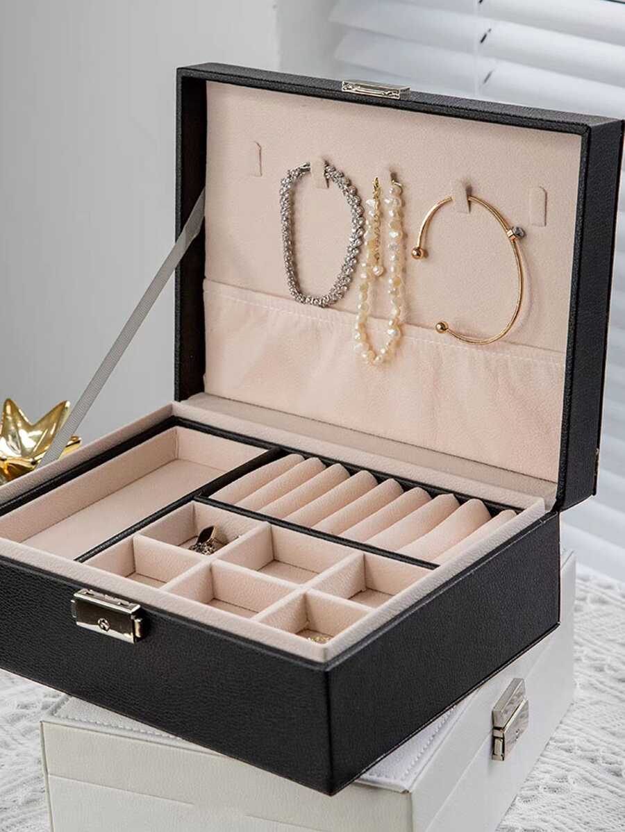 1pc Simple Double Layer Velvet Jewelry Storage Box Desktop Large Capacity Dust-Proof Earring / Necklace / Bracelet & Other Accessories Organizer Valentine Day Back To School,Room Decor - Black - View 1