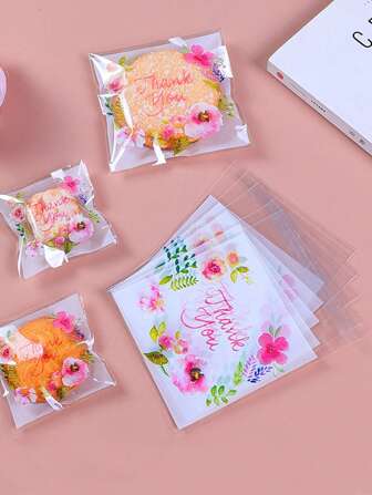 100pcs Baking Packaging Small Cookie Bags, 5 Colors Self-Adhesive Semi-Transparent Flower Bags, Suitable For Candy Packaging And Jewelry Packaging School Supplies Food Bag Food Box Suitable For Candy Chocolate Cookies Etc.