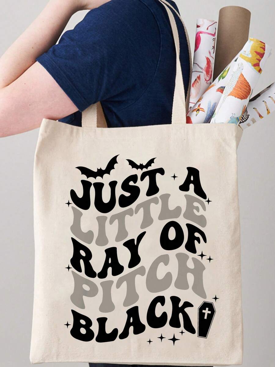 万圣节漆黑蝙蝠图案手提包帆布手提包产品设计师手提包精细缝制面料 - 米色 - 查看 1