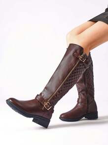 Women's Wide Calf Knee High Boots, Low Stacked Heel Riding Boots For Fall And Winter - Brown - View 5