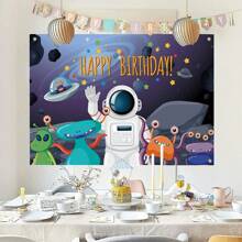 1 件太空主題卡通生日快樂橫幅背景布,聚酯纖維外太空天文學宇航員打印照片生日派對室內外牆壁裝飾 - 彩色 - 查看 6