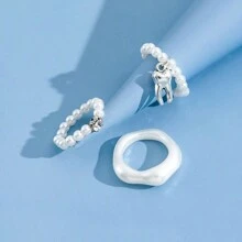 3pcs/Set Creative Faux Pearl Teeth Shaped Rings, Knuckle Rings For Women's Daily Wear - White - View 2