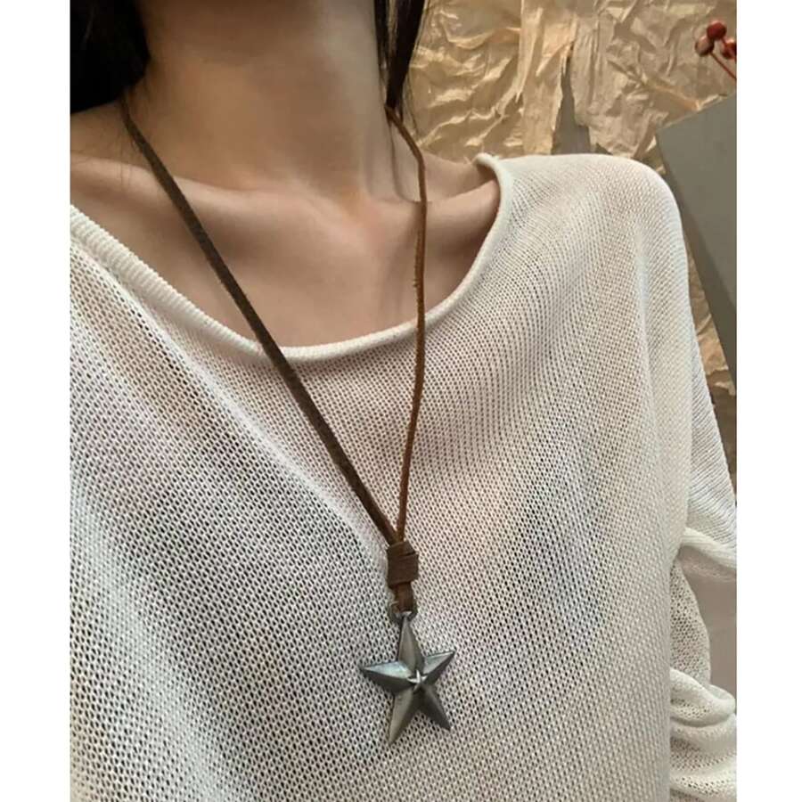 Vintage Pu Leather Rope Punk Star Shaped Long Pendant Necklace With Adjustable Chain - star leather rope - View 1