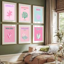 6 件装旅行墙艺术画粉色学院风海滩帆布印刷画海岸海报少女美学装饰卧室、客厅或宿舍墙壁装饰礼物无框 - 彩色 - 查看 1