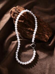 1條白色玻璃人造珍珠串珠項鍊，男士個性化度假禮物吊墜項鍊，適合日常佩戴