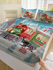 3pcs Christmas Little Train Duvet Cover Bedding Set - Red and White - View 2
