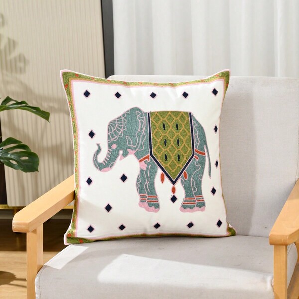 1 Pezzo Copricuscino Ricamato In Tela Con Elefante, Decorazione Per Divano Di Casa (imbottitura Esclusa)